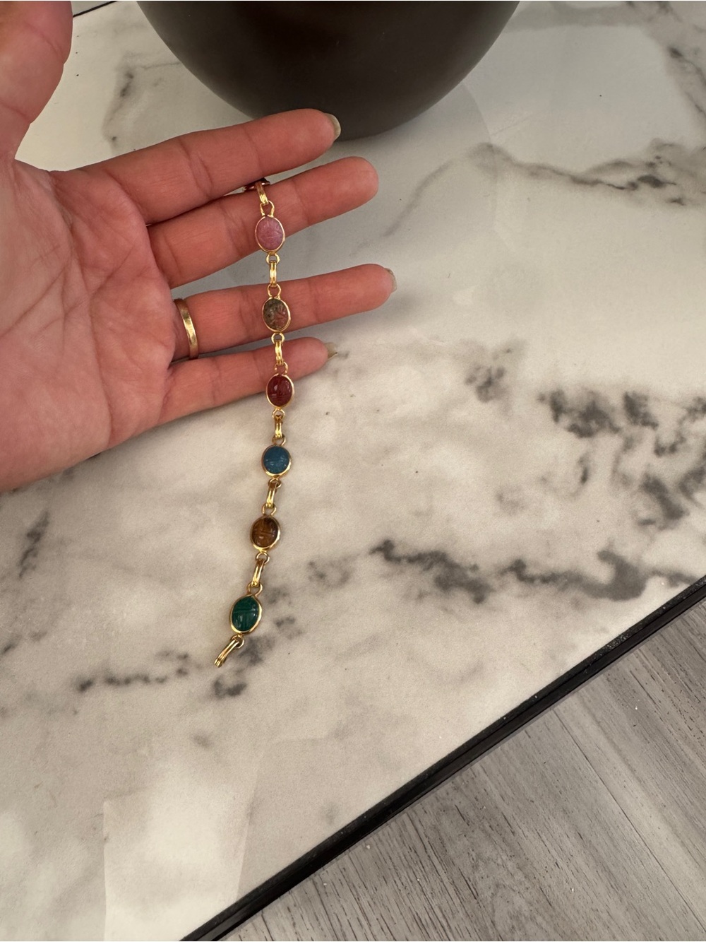 14 K vintage gold carved gemstone scarab bracelet